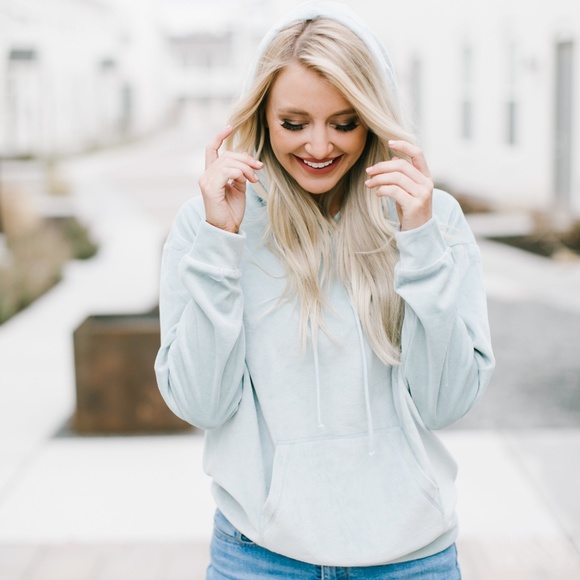 Light Blue Velvet Hoodie - Picture 1 of 3